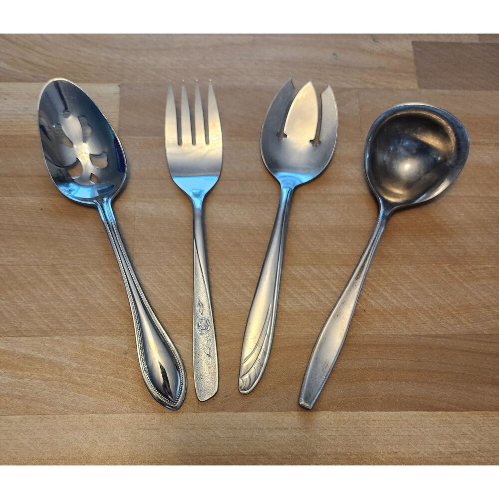 Set of 4 Mismatched Stainless Steel Serving Utensils Slotted Spoon, Forks, Ladle